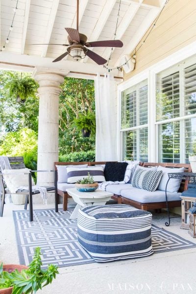 style patio with black and white and gray furniture and accents | Maison de Pax
