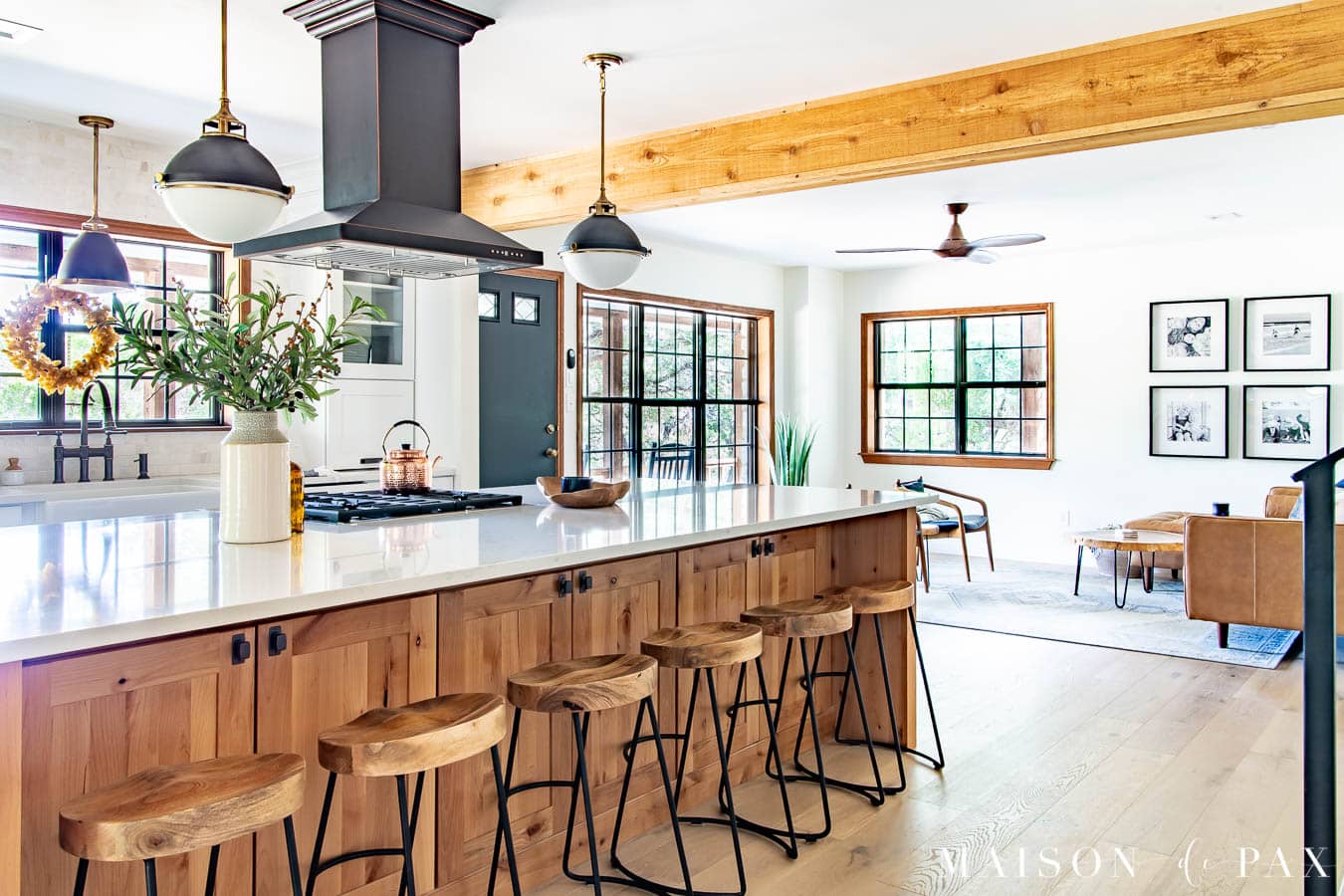 modern farmhouse open kitchen with big island and barstools | Maison de Pax
