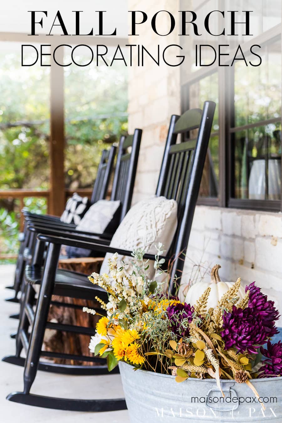 porch with rocking chairs and galvanized bucket with pumpkins | maison de pax