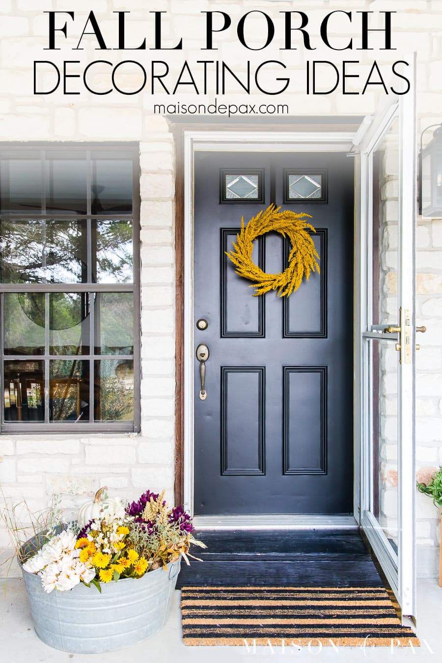 black front door with golden fall wreath | Maison de Pax