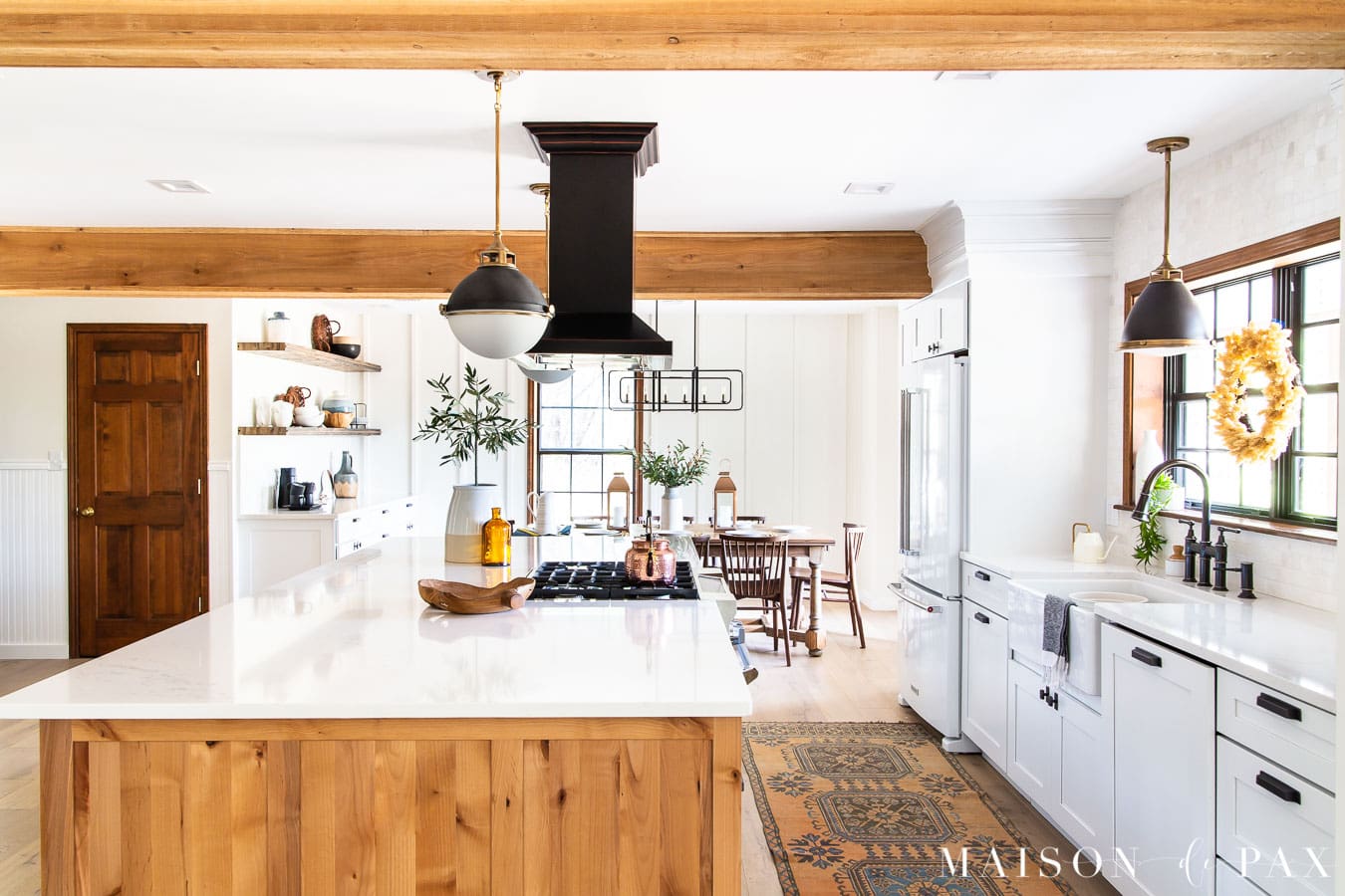 modern farmhouse white kitchen with wood island | Maison de Pax