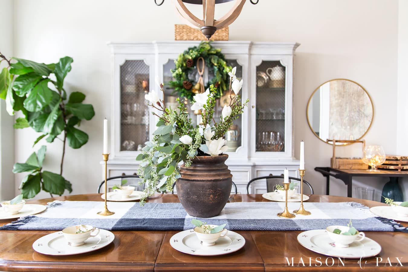 black and white plaid table runner with gold china holiday dining room | Maison de Pax