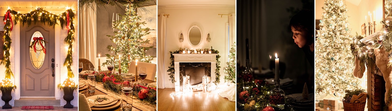 christmas home tours at night with twinkle lights.