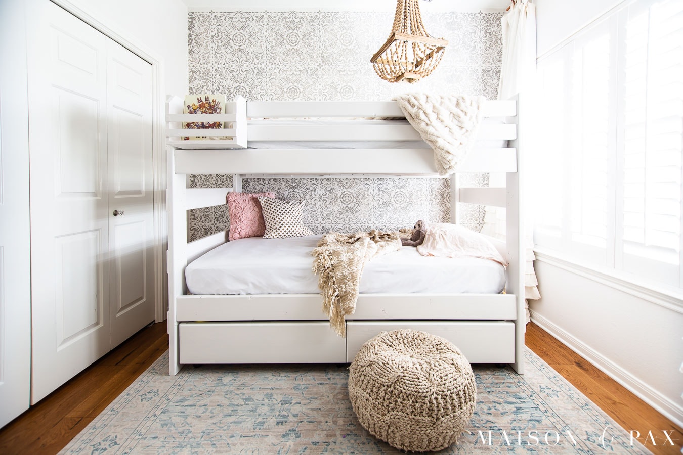 neutral girl's bedroom with white bunk bed and lots of texture | Maison de Pax