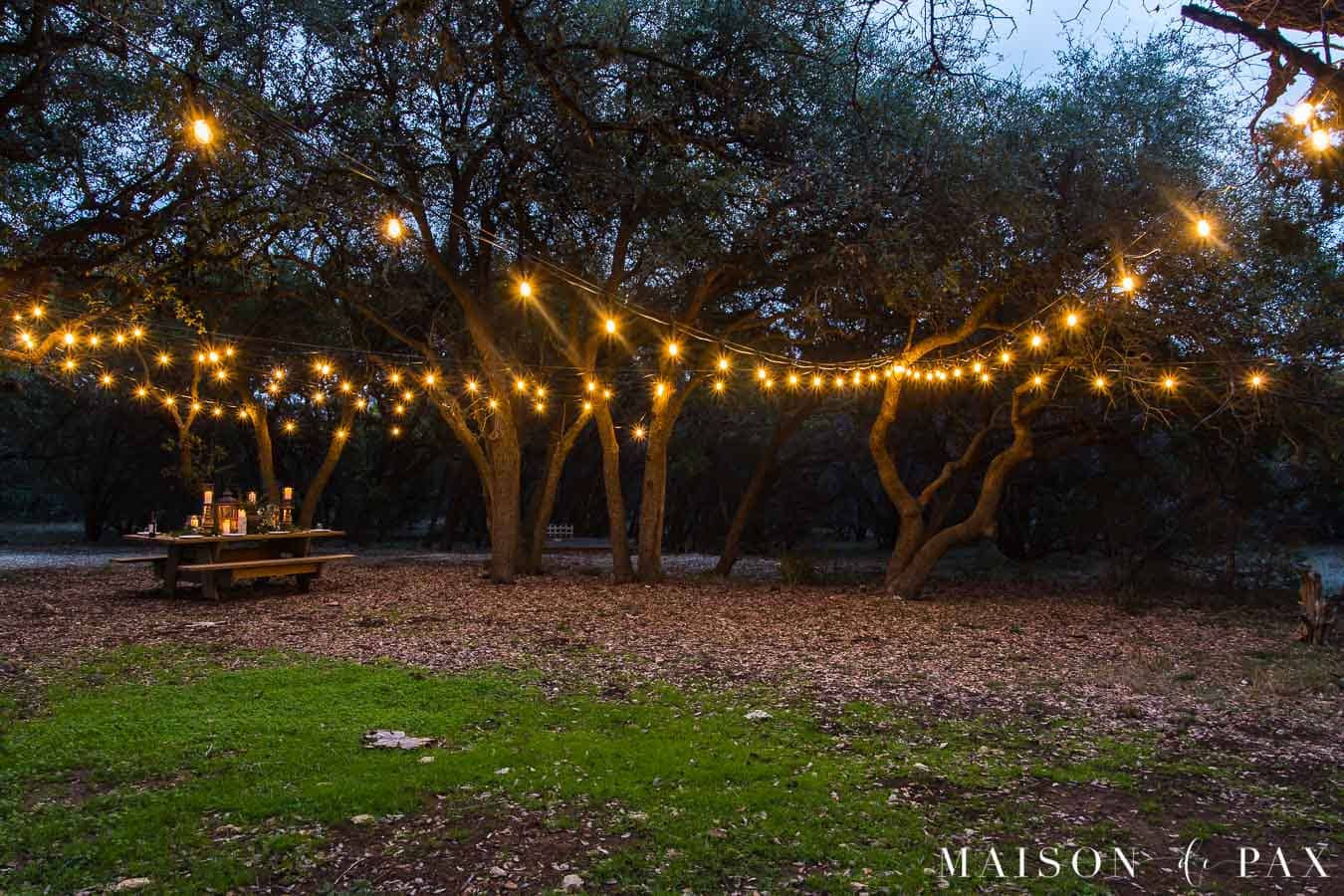 outdoor string lights hung like a circus tent over two open areas surrounded by trees | Maison de Pax