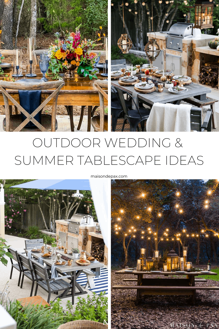 Create a rustic outdoor wedding table with candles, florals, string lights, and greenery - Maison de Pax
