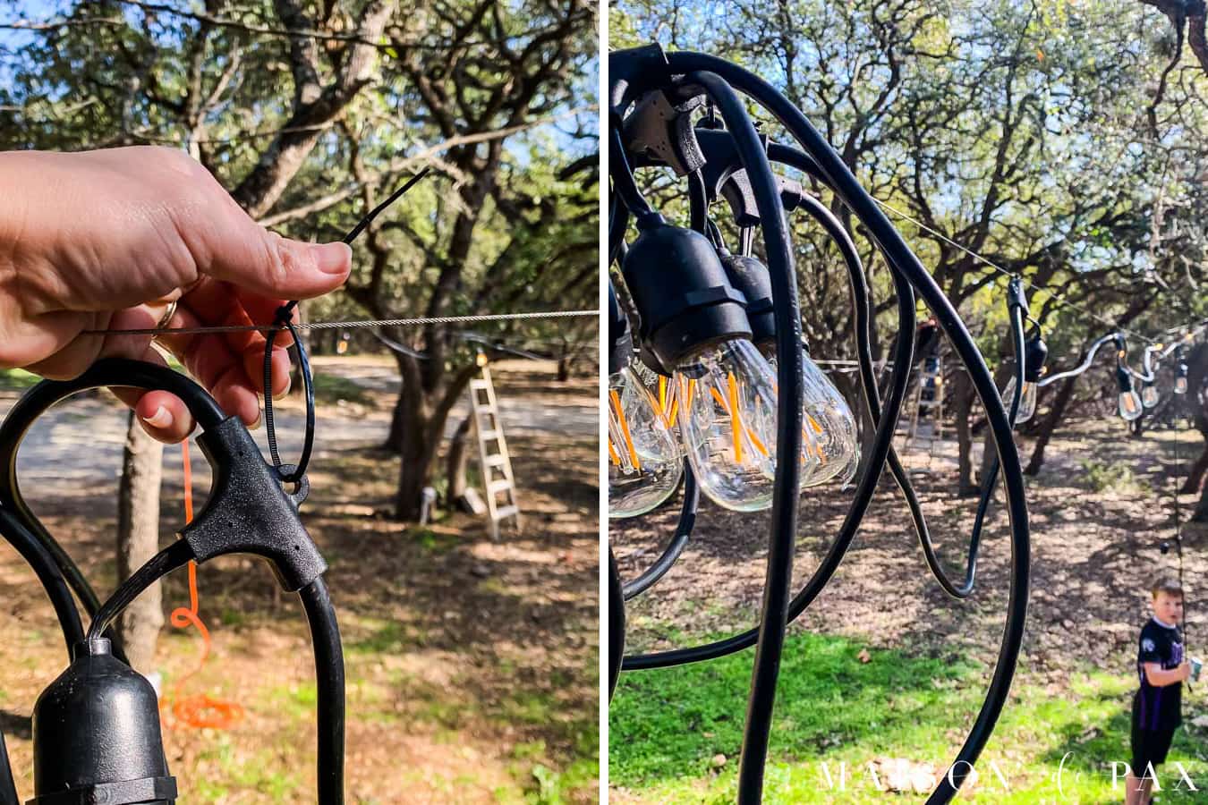 how to connect globe lights to wire cable with zip ties | Maison de Pax