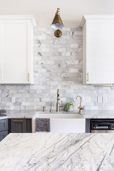 marble countertops and backsplace in kitchen
