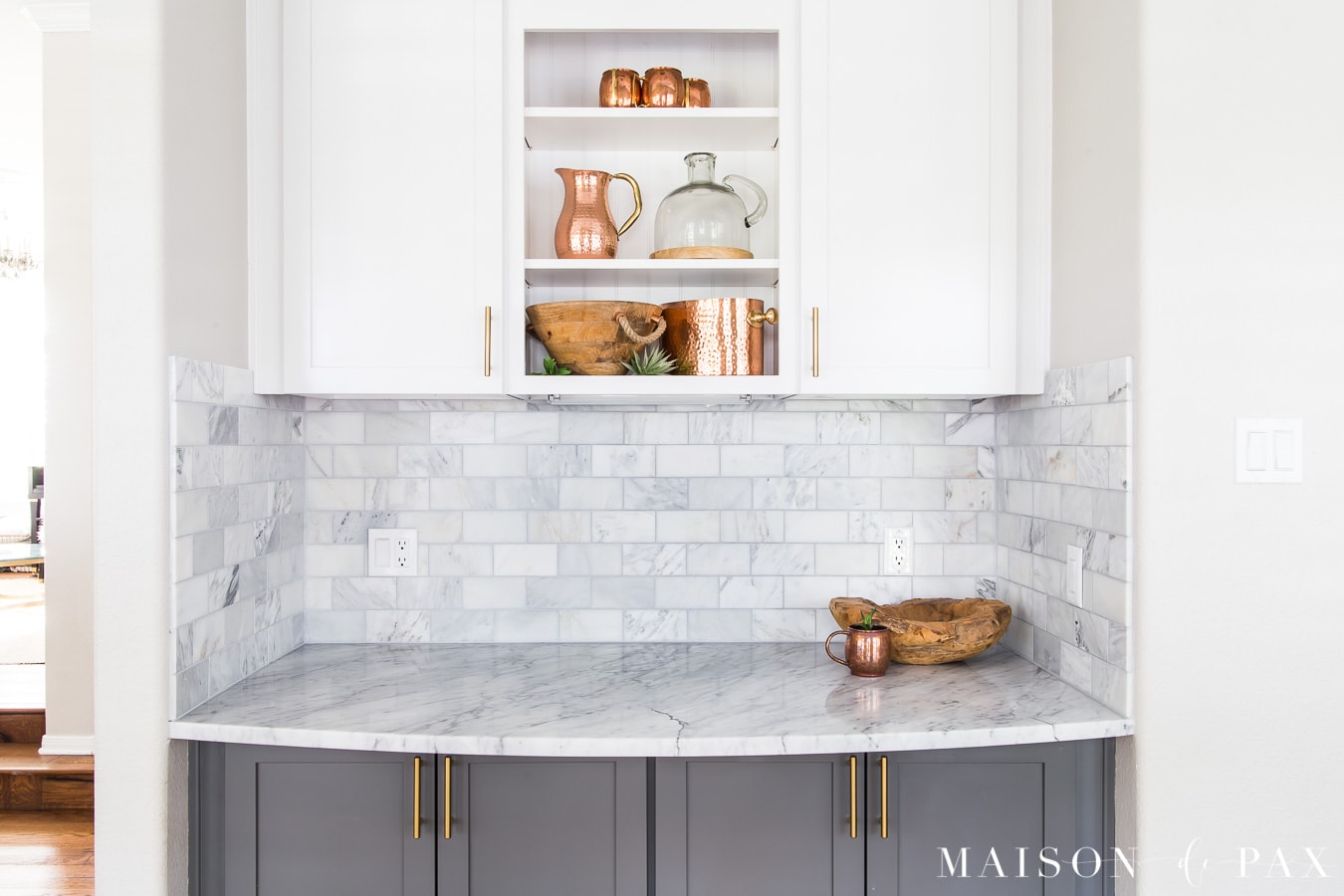 gray lower cabinets with white uppers and marble countertops | Maison de Pax