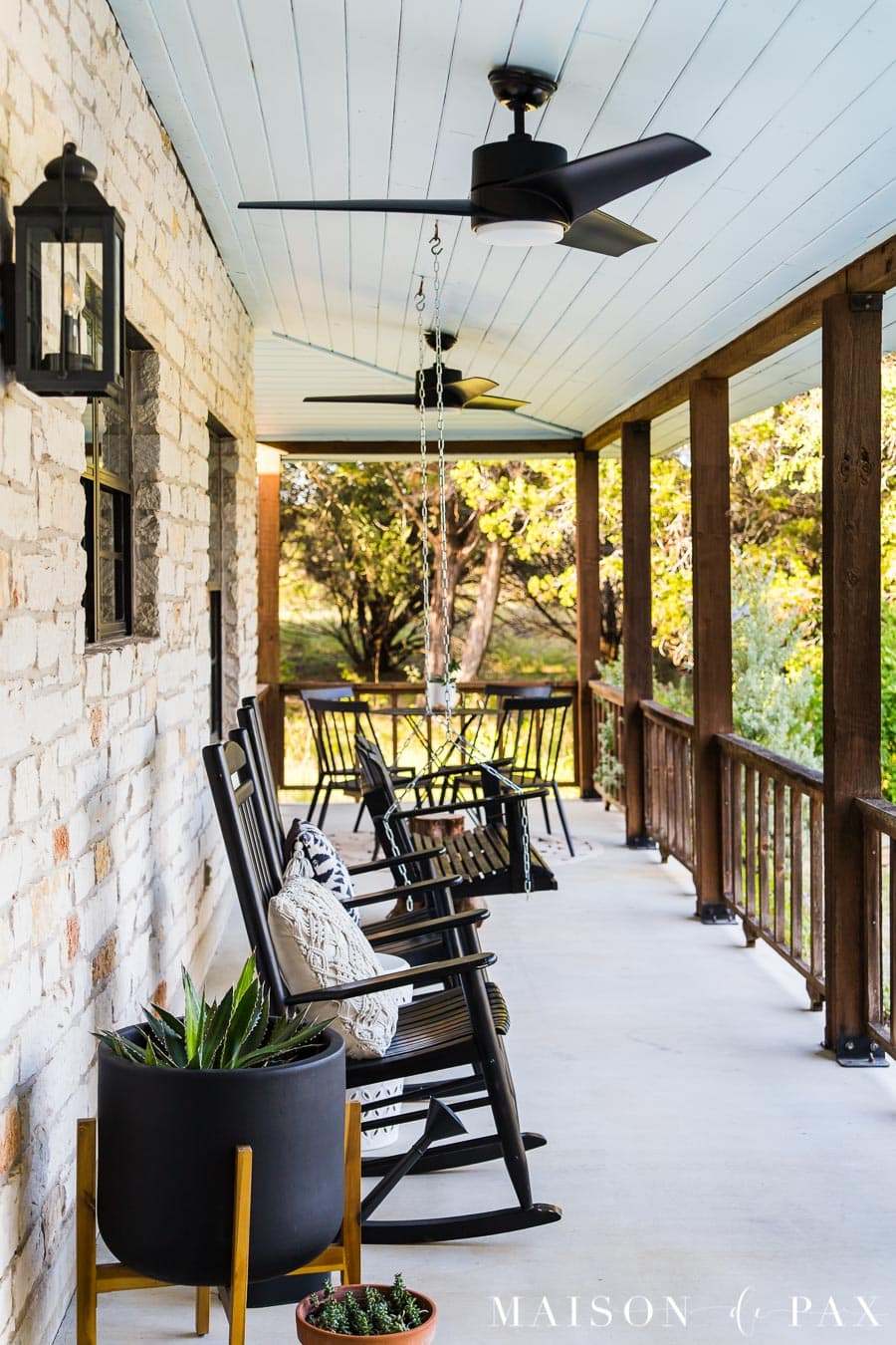 front porch with haint blue ceiling, outdoor fans, and rocking chairs | maison de pax
