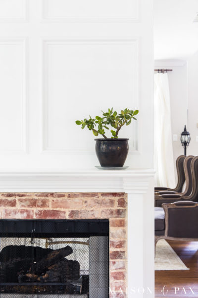 jade plant in black pot on white fireplace mantel | Maison de Pax
