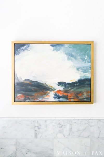 abstract landscape art in blues and greens and reds with gold frame | Maison de Pax