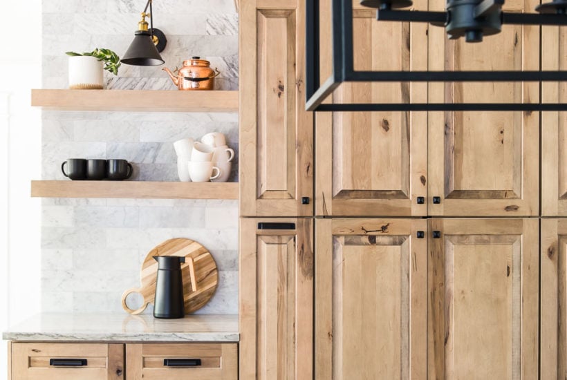natural wood kitchen cabinets with open shelves coffee bar