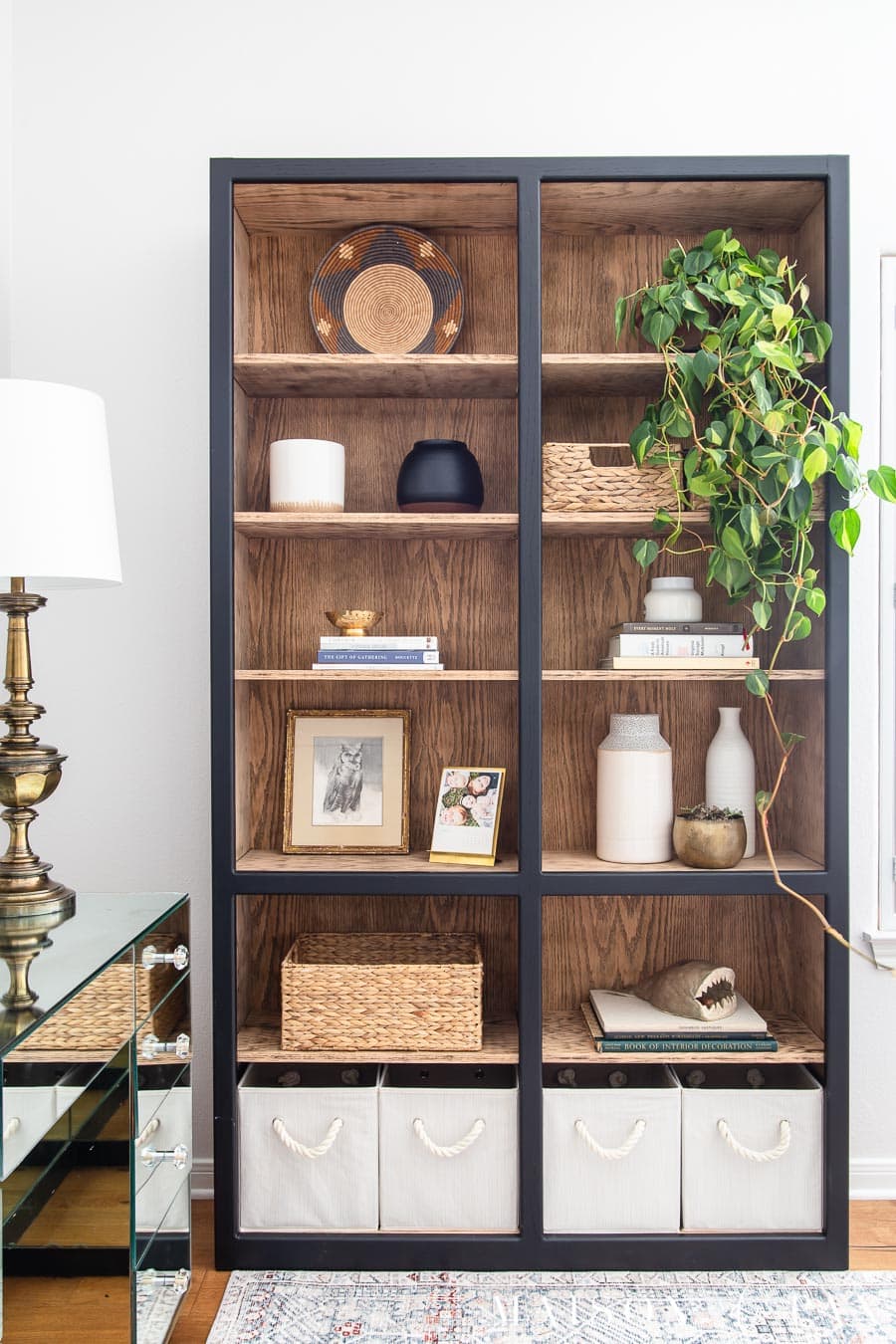 black and light wood bookcase styling | Maison de Pax