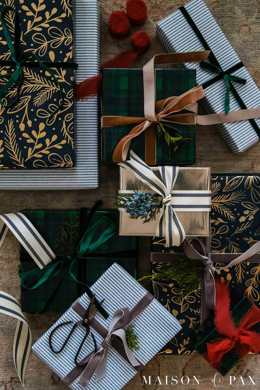moody green gold and blue holiday wrapping paper