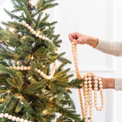 diy wood bead garland on Christmas tree