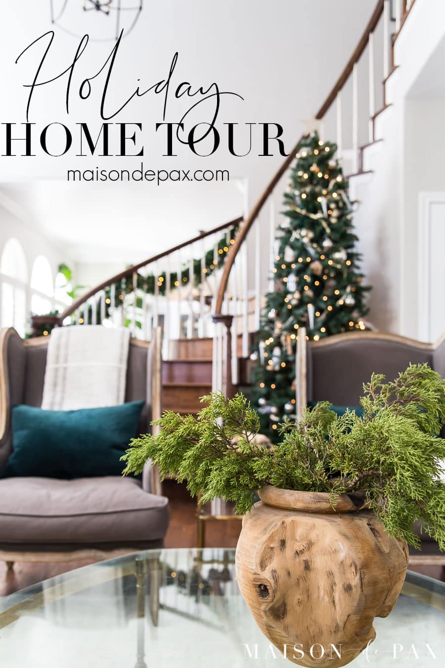 holiday home tour with garland and tree and cedar clipping