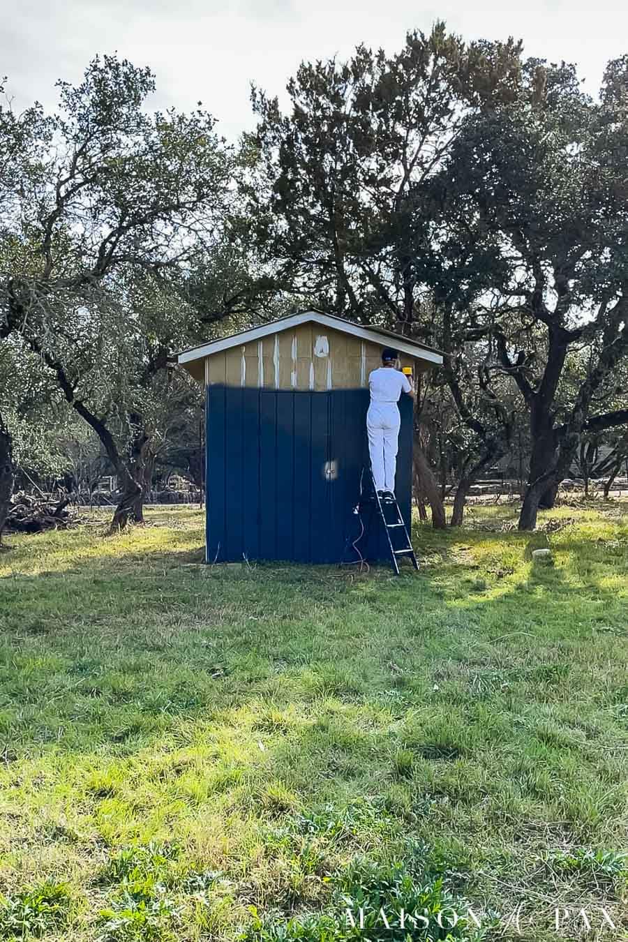 using a sprayer to paint a shed black