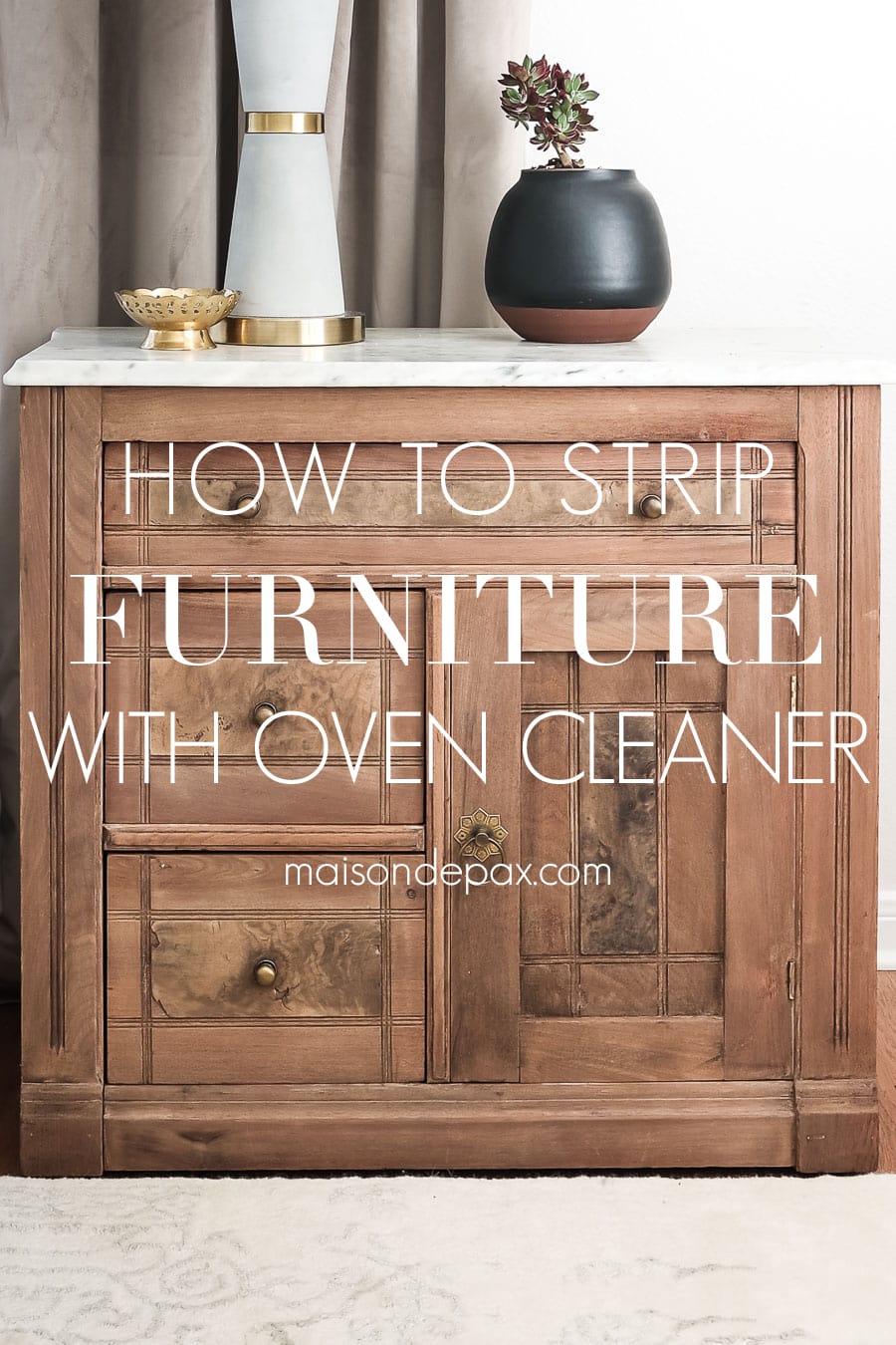 small dresser with text: how to strip furniture with oven cleaner