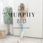 woman pulling down murphy bed with text overlay: DIY murphy bed