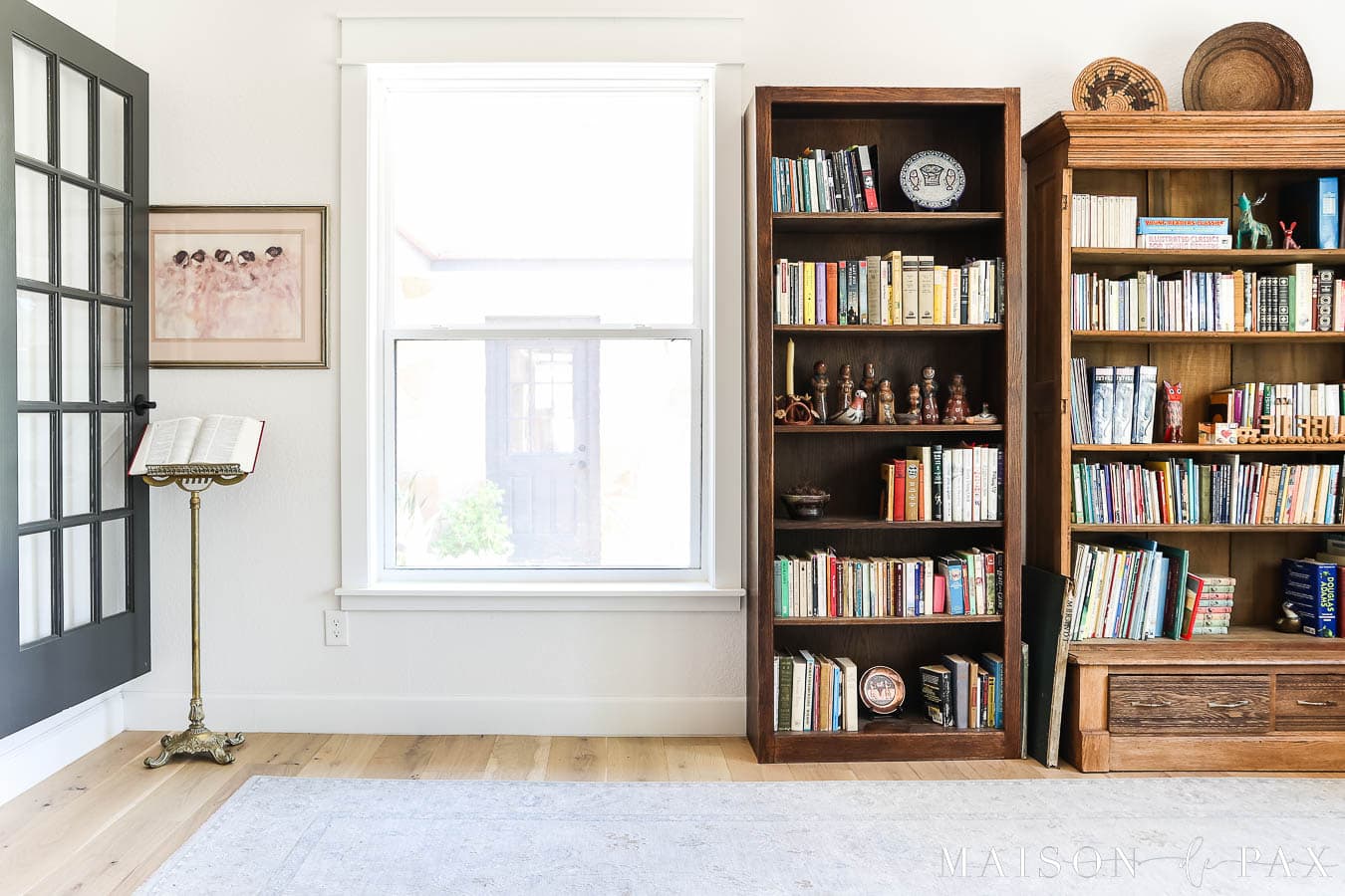 white trim and walls with medium wood bookcases
