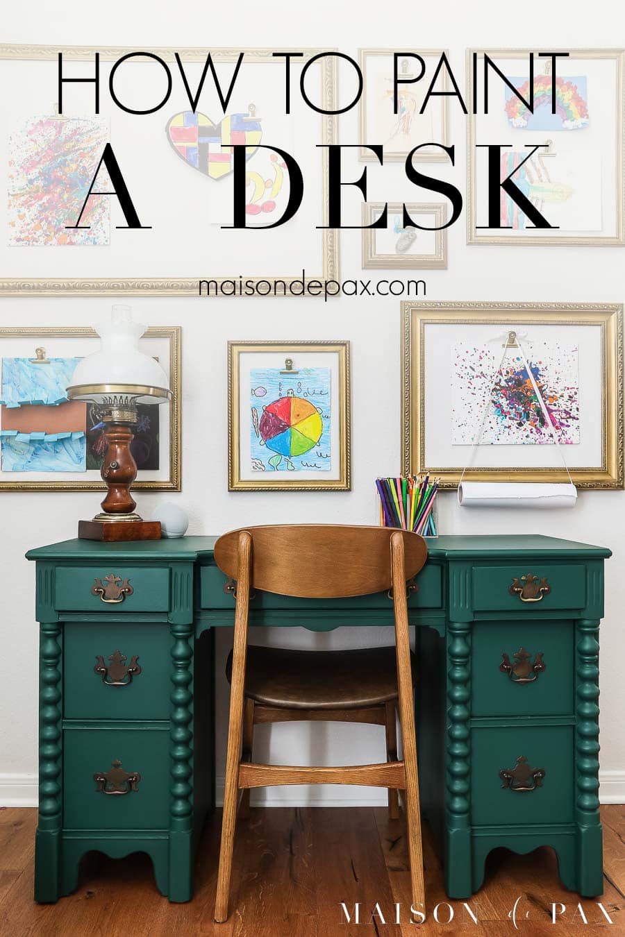 green painted desk with text overlay: how to paint a desk