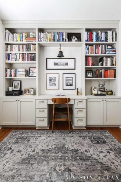 agreeable gray bookcases in home office with built in desk