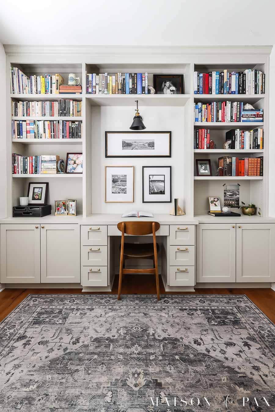agreeable gray bookcases in home office with built in desk