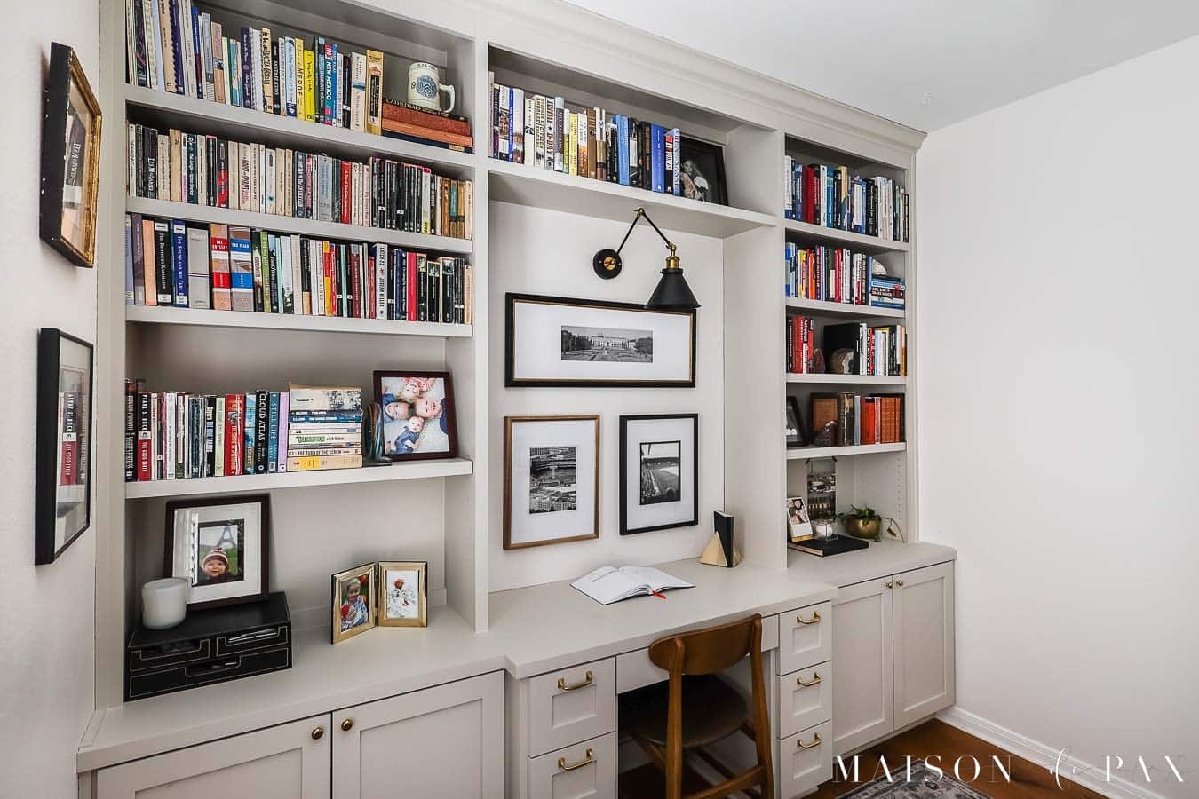 built in desk and bookshelves painted agreeable gray