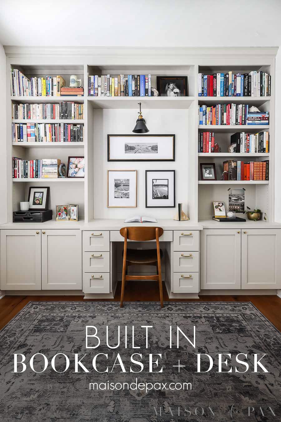 built in desk surrounded by bookcases