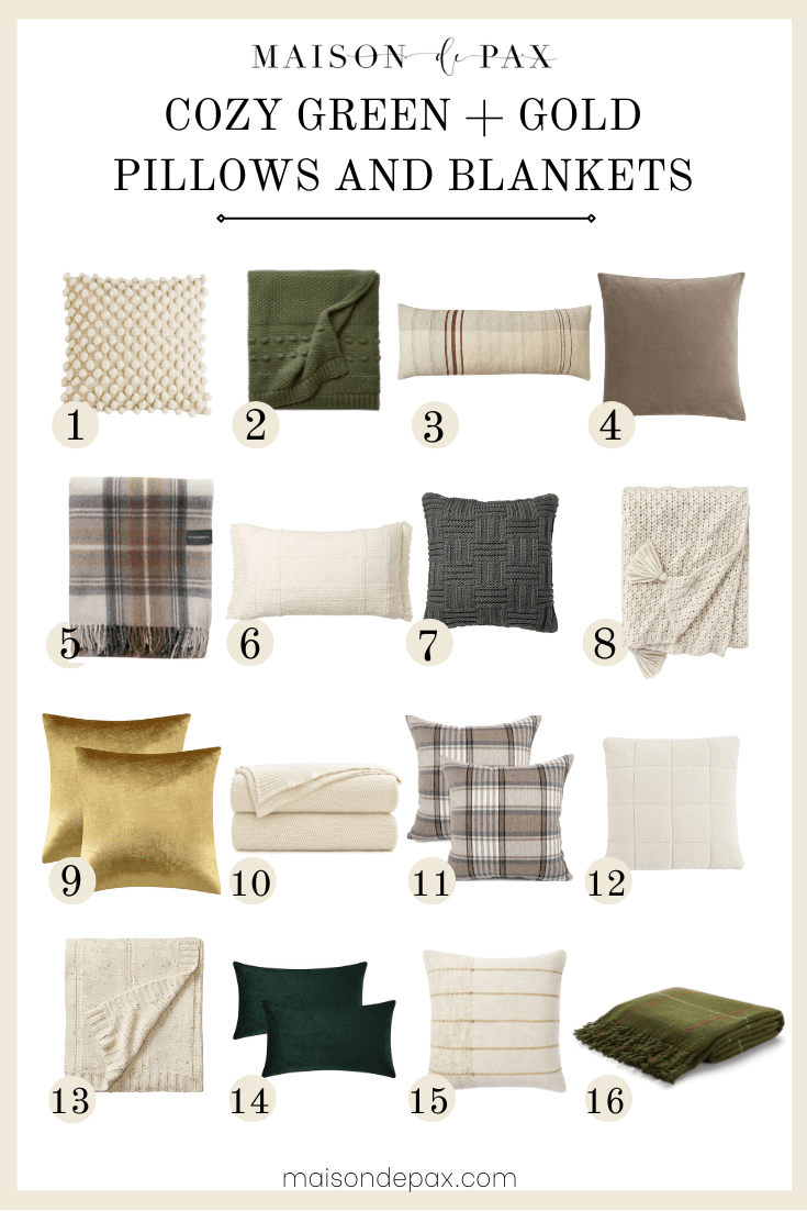 cozy cream and green and gold pillow and blanket options for fall, Christmas, winter