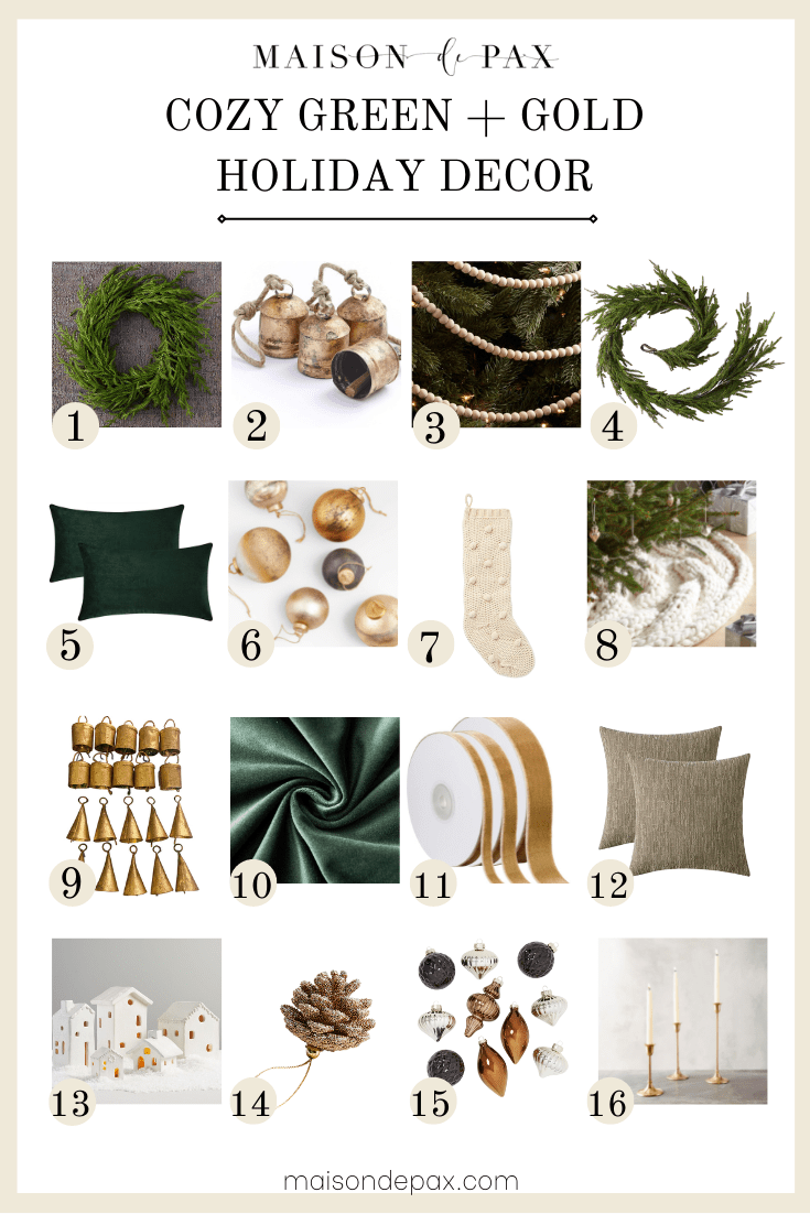 holiday decorations: green and gold Christmas decor