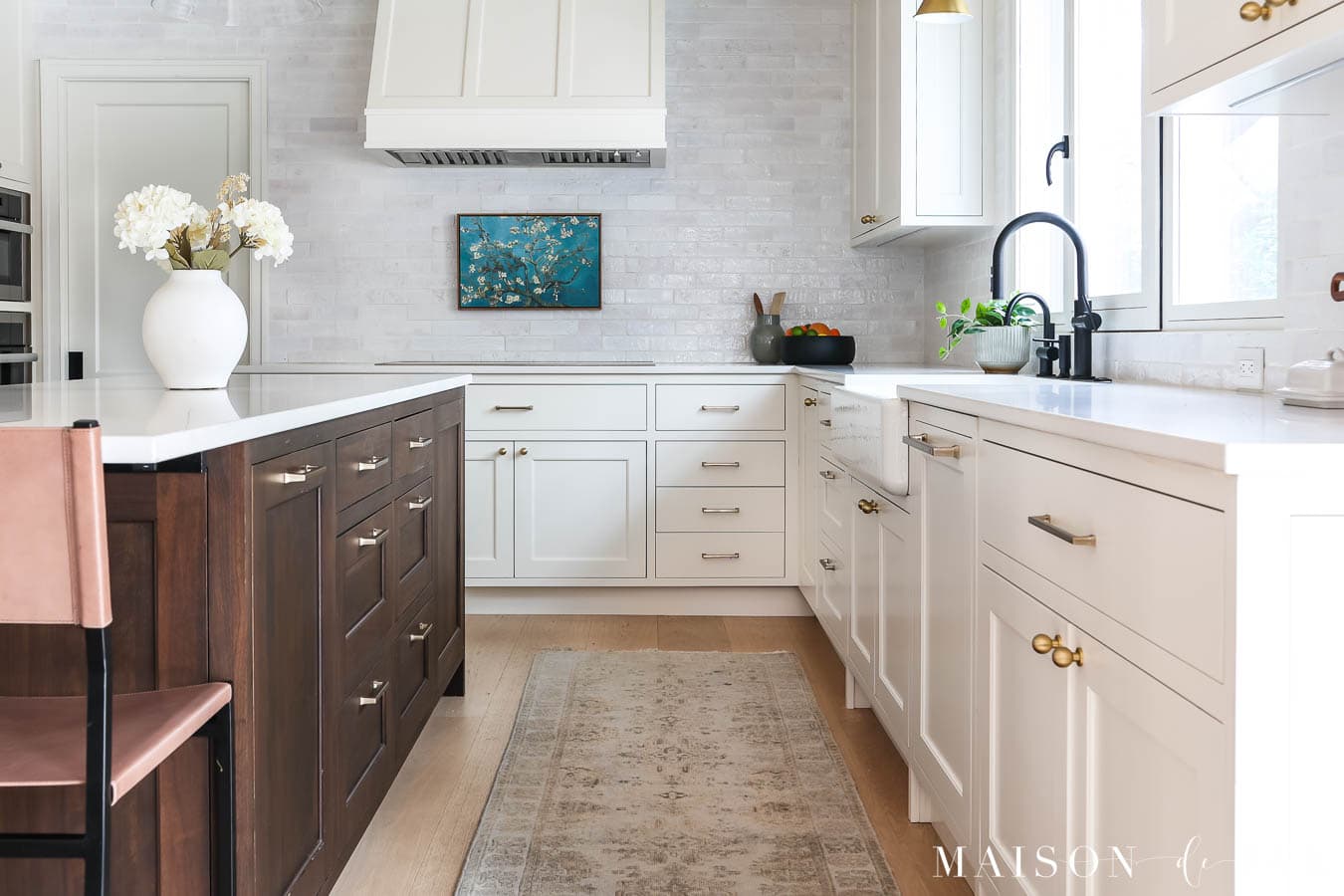 white inset cabinets: flat panel drawers with shaker cabinet doors with decorative bead and dark wood island to match