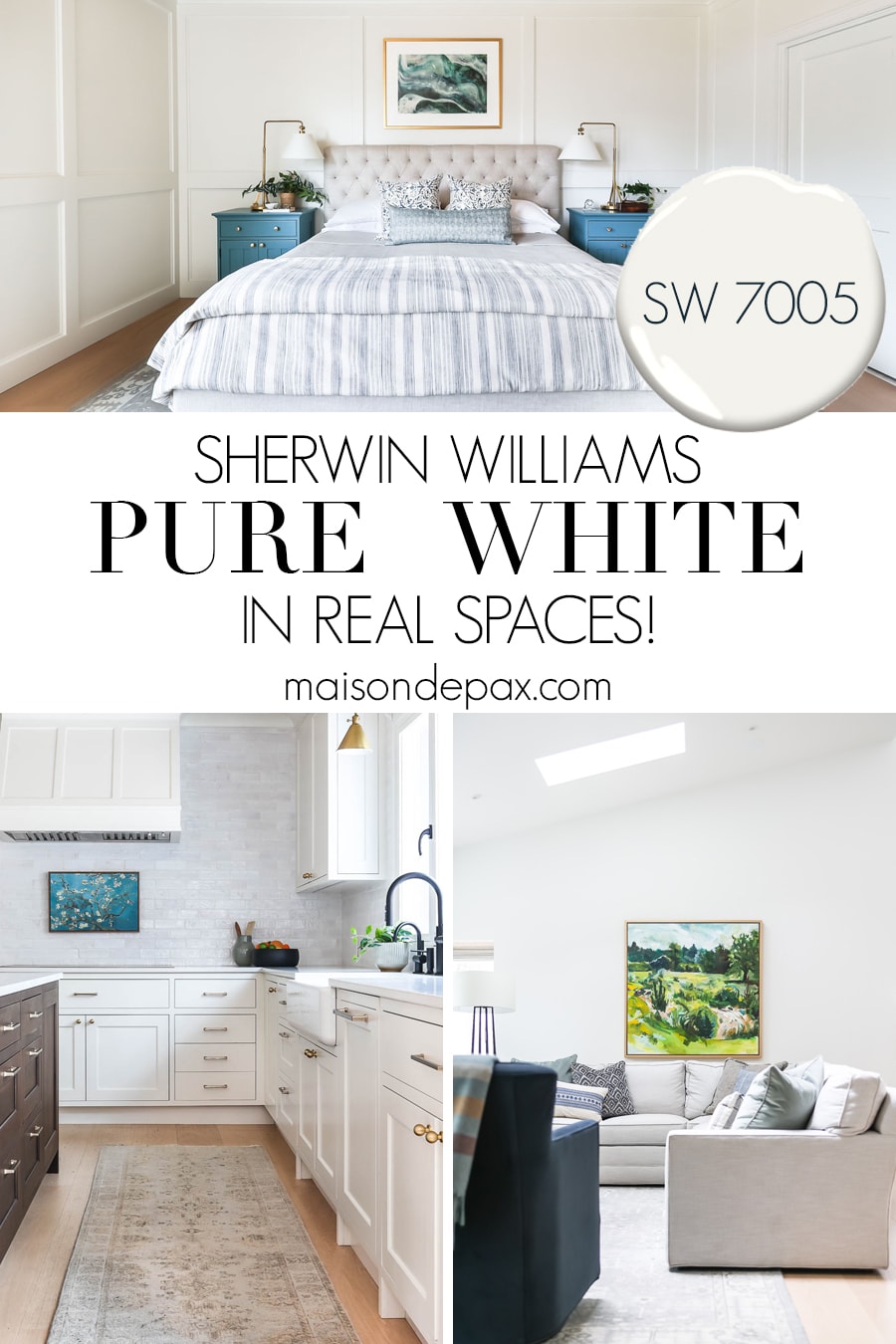 images of white rooms with caption sherwin williams pure white in real spaces