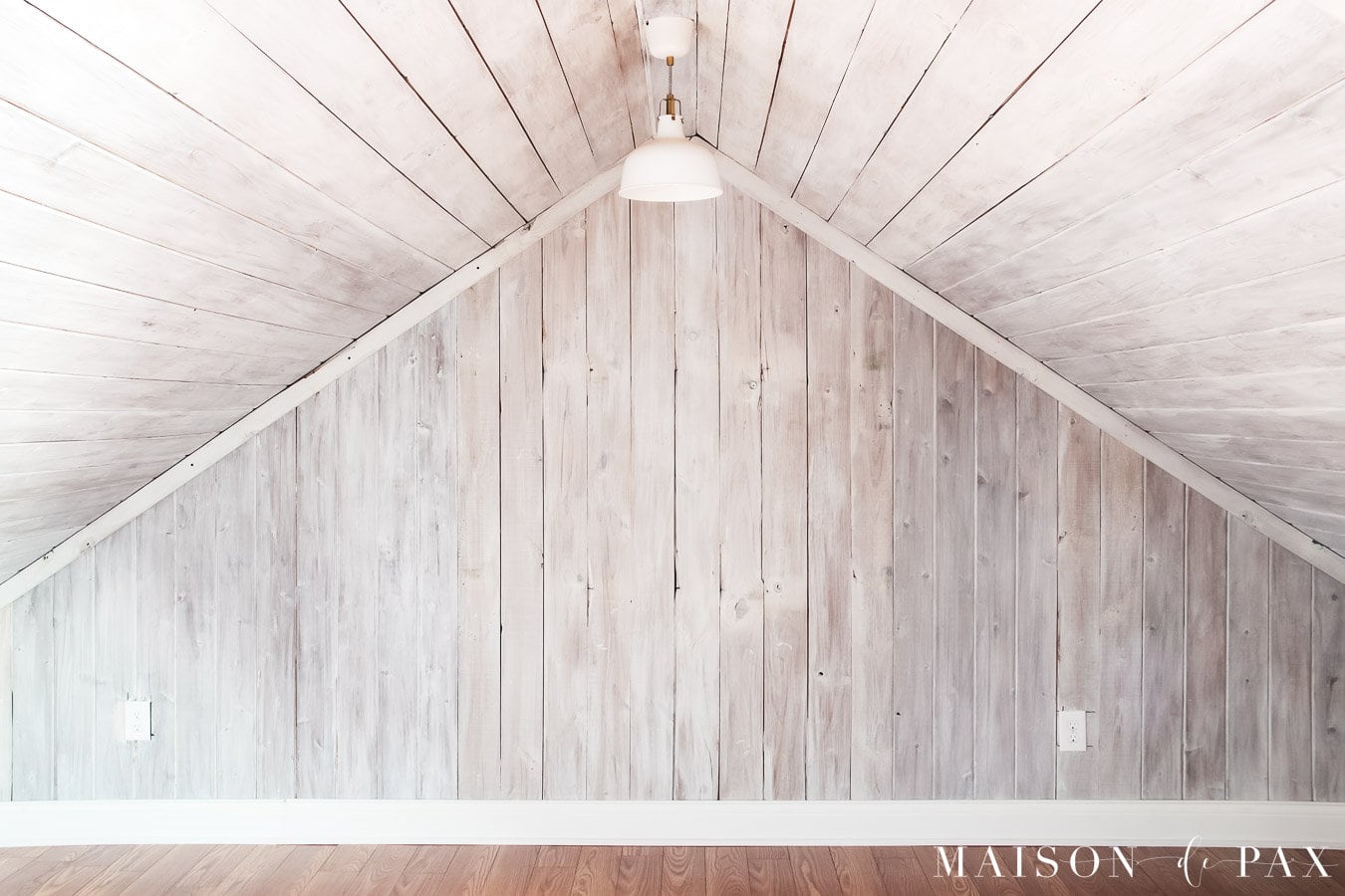 whitewash cedar planks for attic remodel 
