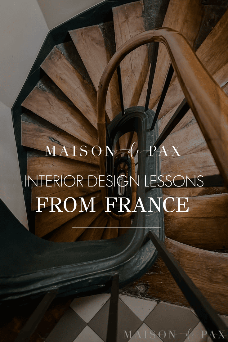 curved old wooden staircase with overlay: interior design lessons from france