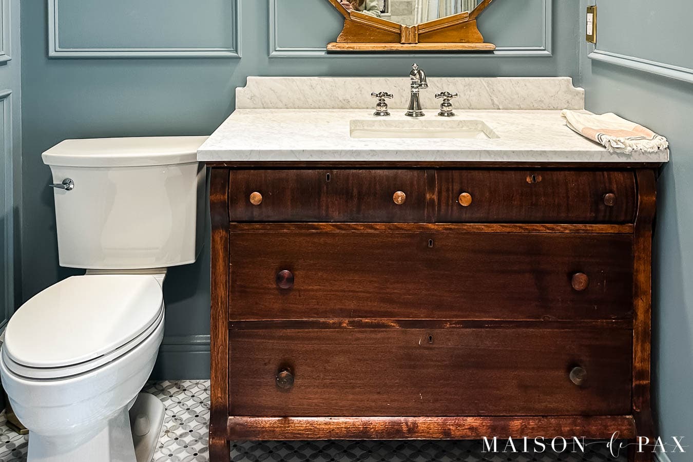 antique dresser turned bathroom vanity