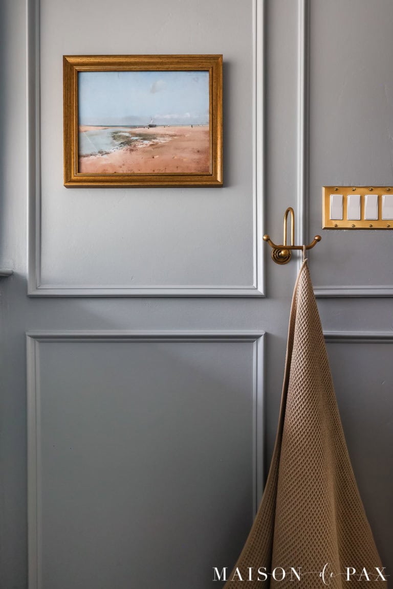 bathroom wall with box trim painted a soft blue gray color