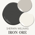 Sherwin Williams Iron Ore coordinating colors with soft black paint swatch paired with warm white and off-white paint colors for trim and exterior accents