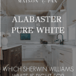 Sherwin Williams Alabaster vs Pure White comparison featuring a bright kitchen with white cabinets, warm wood ceiling, brass sconces, and dark wood island.