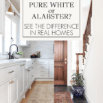 Side-by-side comparison of Sherwin Williams Pure White and Alabaster paint colors in real homes, showing a white kitchen and an entryway with warm wood accents.